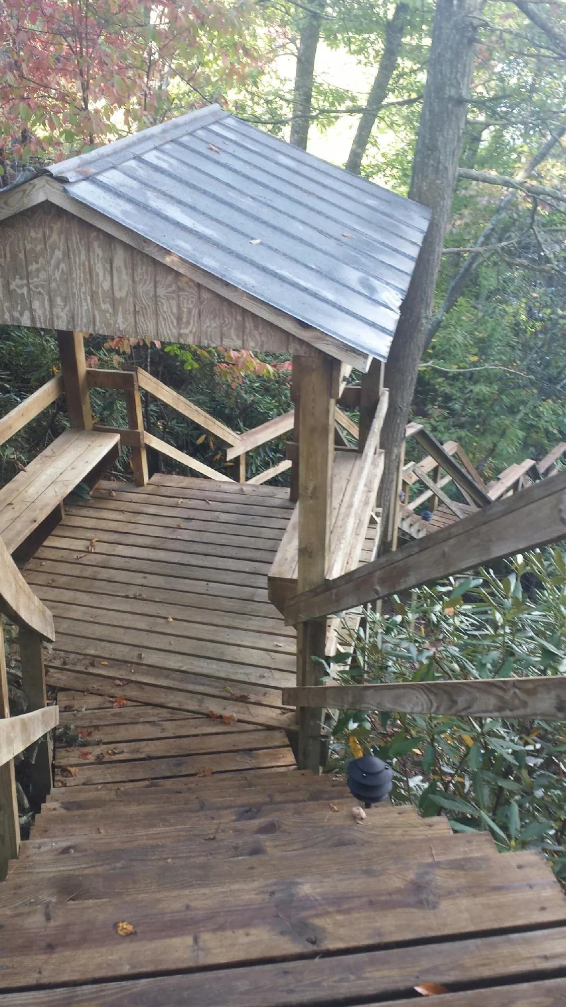 Metal roofed shelter over wooden steps on a wooded walkway — Skylight Repair & Installation work by our crew in Clute